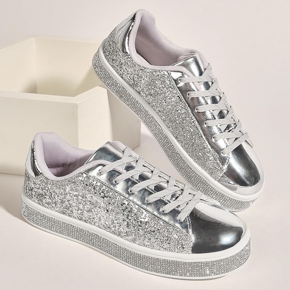 Silver Glitter Sneakers Women’s Sparkly Rhinestone Tennis Shoes 7 New - Picture 4 of 5